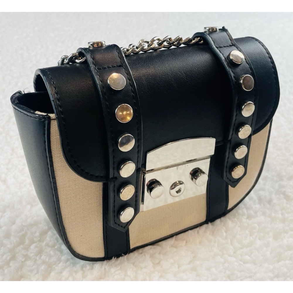 ZARA • Black/Cream Faux Leather and Canvas Studded Mini Chainlink Crossbody Bag - Picture 6 of 16